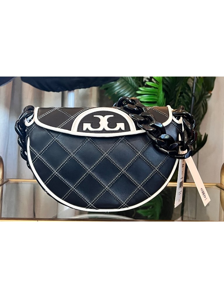 New With Tags! Authentic Tory Burch Black And White 1/2 Moon Fleming Handbag